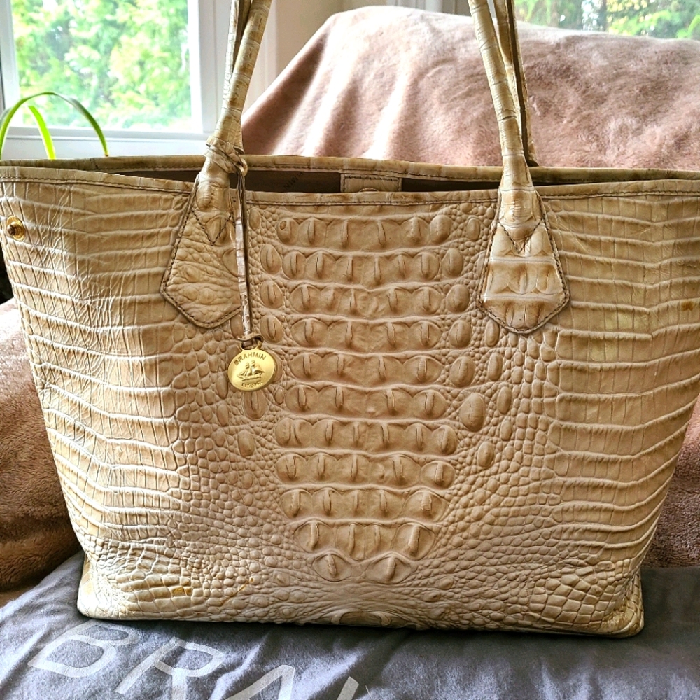 Brahmin Tan Croc-Embossed Leather Tote